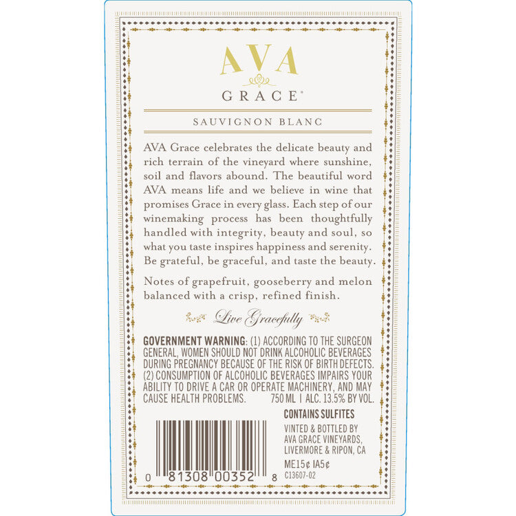 Ava Grace Vineyards Sauvignon Blanc California - 750ML - Back Label