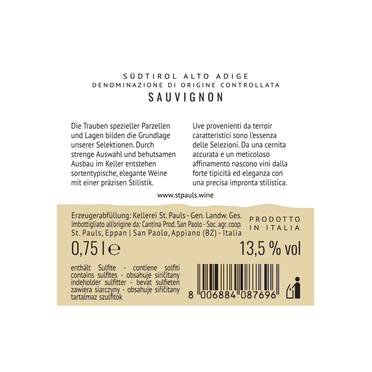 St. Pauls Sauvignon Alto Adige - 750ML - Back Label