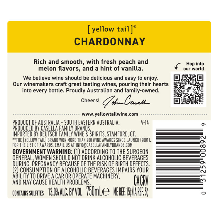 Yellow Tail Chardonnay South Eastern Australia - 750ML - Back Label