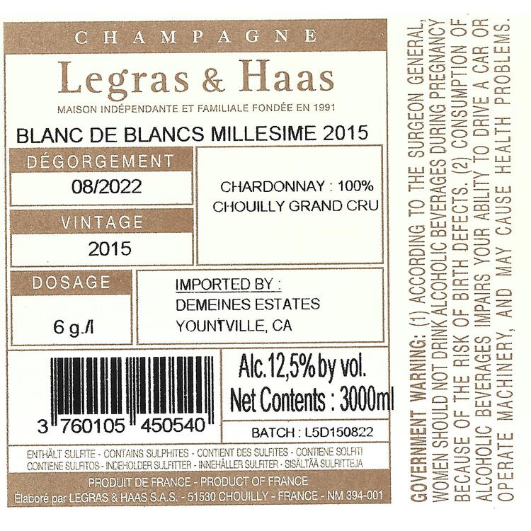 Legras & Haas Champagne Brut Blanc De Blancs Millesime Grand Cru 2015 - 3.0L