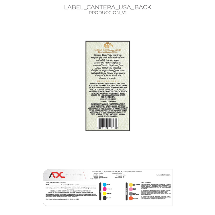 Cantera Verde Finished In Mezcal Cask Flavored Gin 80 - 700ML - Back Label