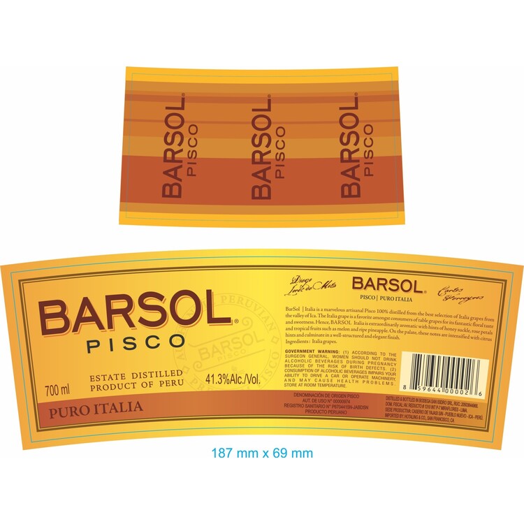 Barsol Pisco Puro Italia 82.6 - 700ML