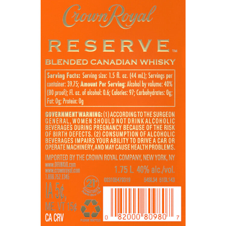 Crown Royal Canadian Whisky Reserve 12 Yr 80 - 1.75L - Back Label