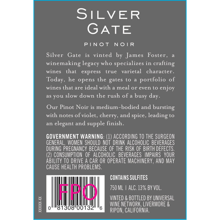Silver Gate Vineyards Pinot Noir California - 750ML - Back Label