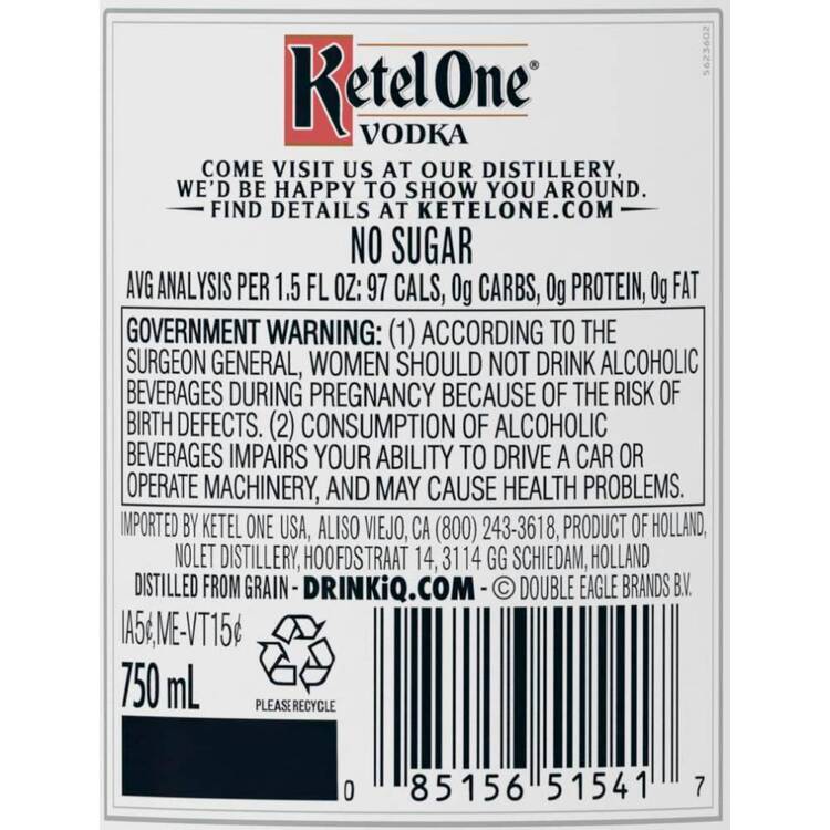 Ketel One Vodka 80 - 750ML - Back Label
