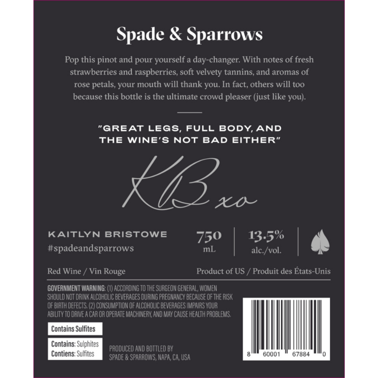 Spade & Sparrows Pinot Noir California - 750ML - Back Label