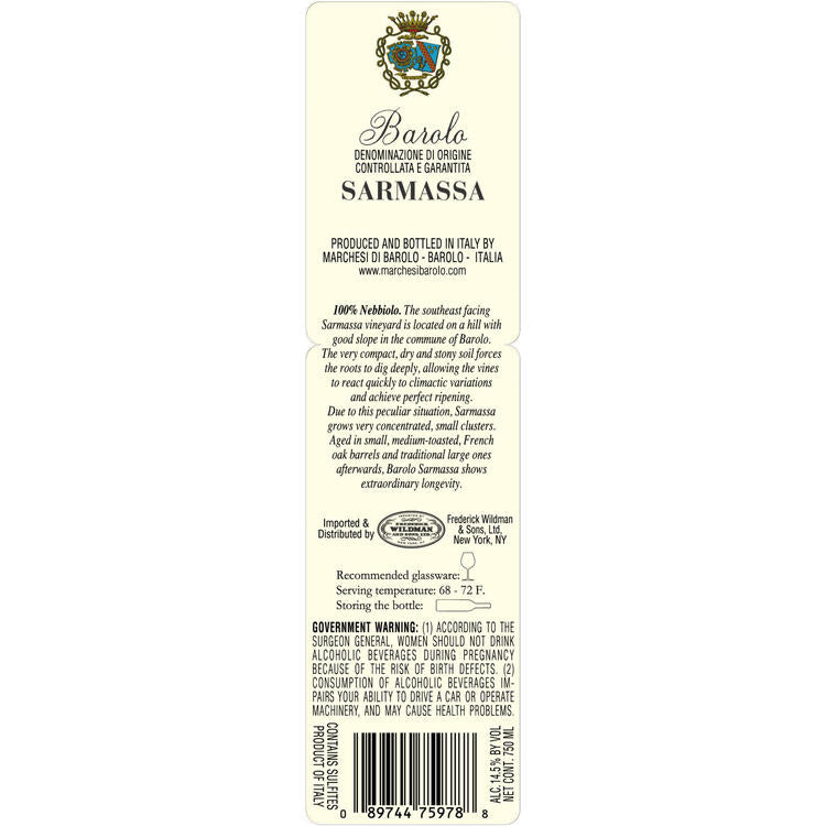 Marchesi Di Barolo Barolo Sarmassa 2018 - 750ML - Back Label