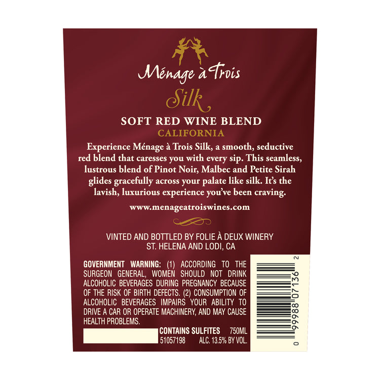 Menage A Trois Soft Red Blend Silk California - 750ML - Back Label