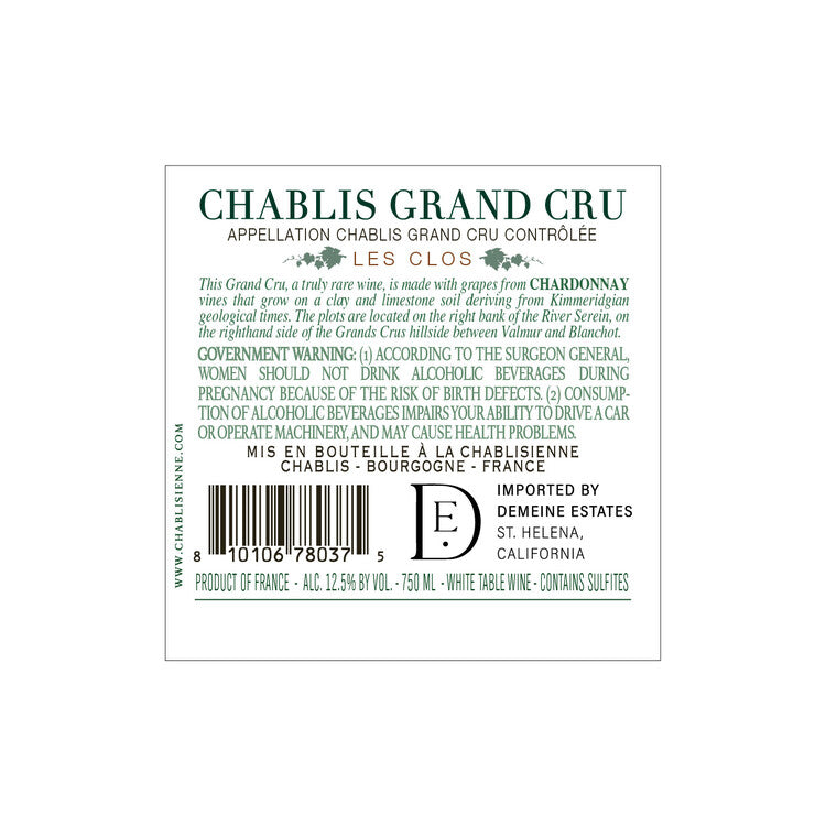 La Chablisienne Chablis Les Clos Grand Cru 2022 - 750ML - Back Label