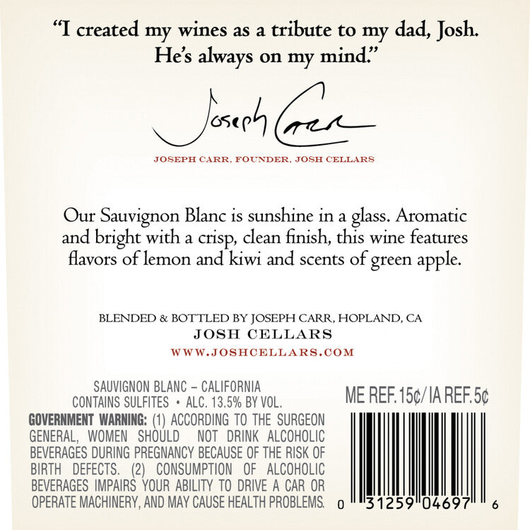 Josh Cellars Sauvignon Blanc North Coast - 750ML - Back Label