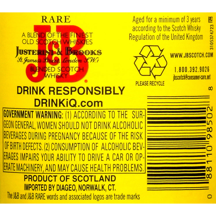 J&B Blended Scotch Rare 80 - 1.0L - Back Label