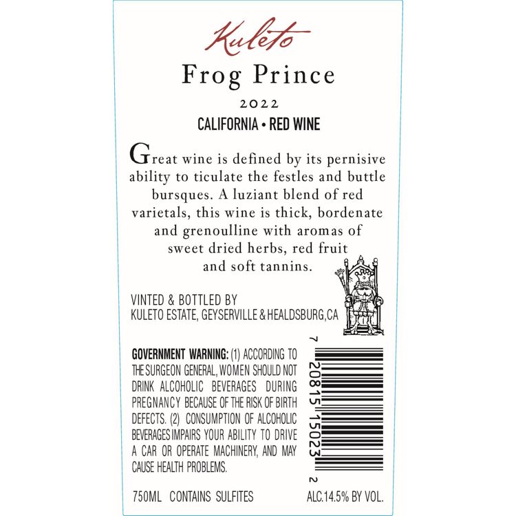 Kuleto Estate Red Wine Frog Prince California 2022 - 750ML