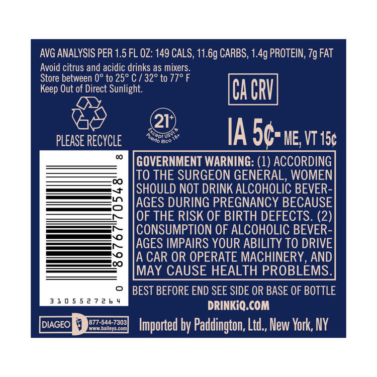 Baileys Chocolate Liqueur 31.4 - 750ML - Back Label