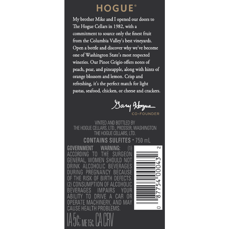 The Hogue Cellars Pinot Grigio Columbia Valley - 750ML - Back Label