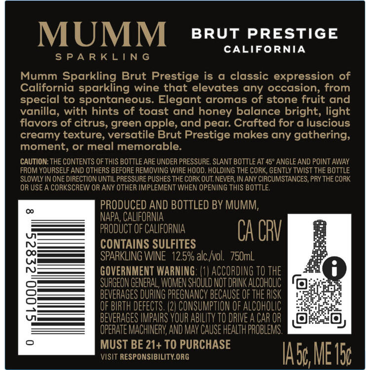 Mumm Sparkling Brut Prestige California - 750ML - Back Label
