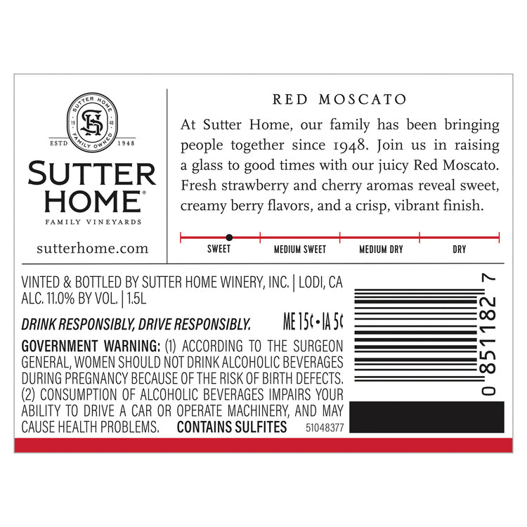Sutter Home Red Moscato California - 1.5L - Back Label