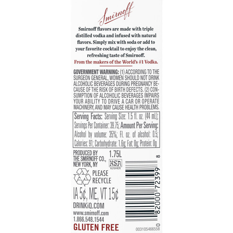 Smirnoff Vodka Raspberry Flavored 60 - 1.75L