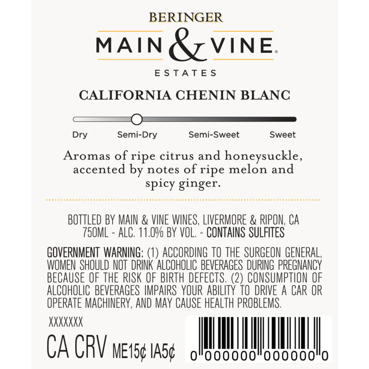 Beringer Main & Vine Chenin Blanc California - 750ML - Back Label