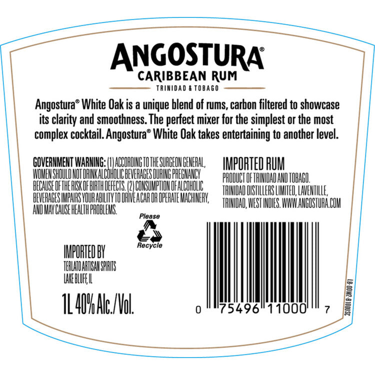 Angostura Light Rum White Oak 80 - 1.0L - Back Label