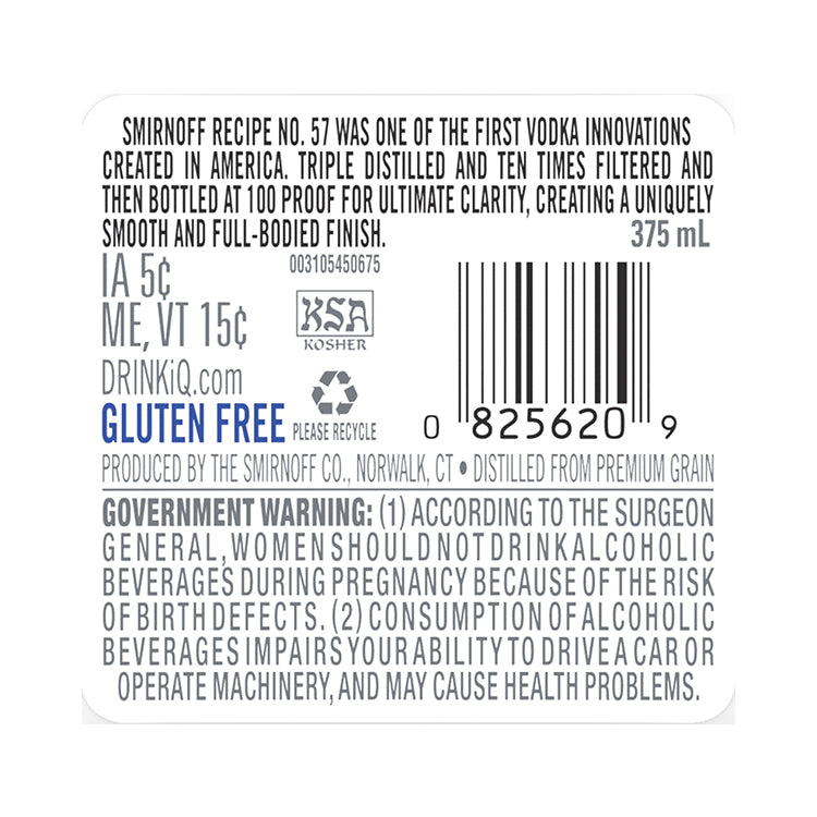 Smirnoff Vodka 100 - 375ML - Back Label