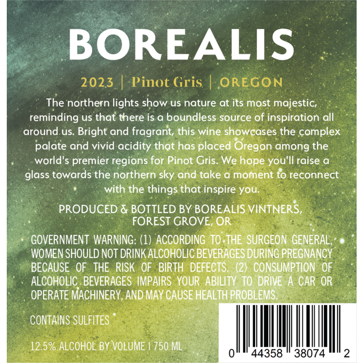 Borealis Pinot Gris Oregon - 750ML - Back Label