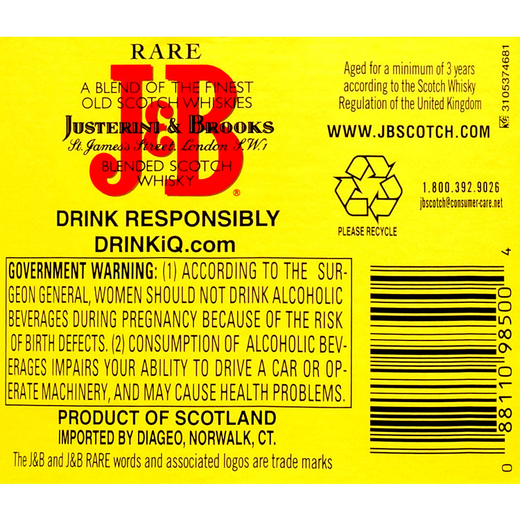 J&B Blended Scotch Rare 80 - 1.75L - Back Label