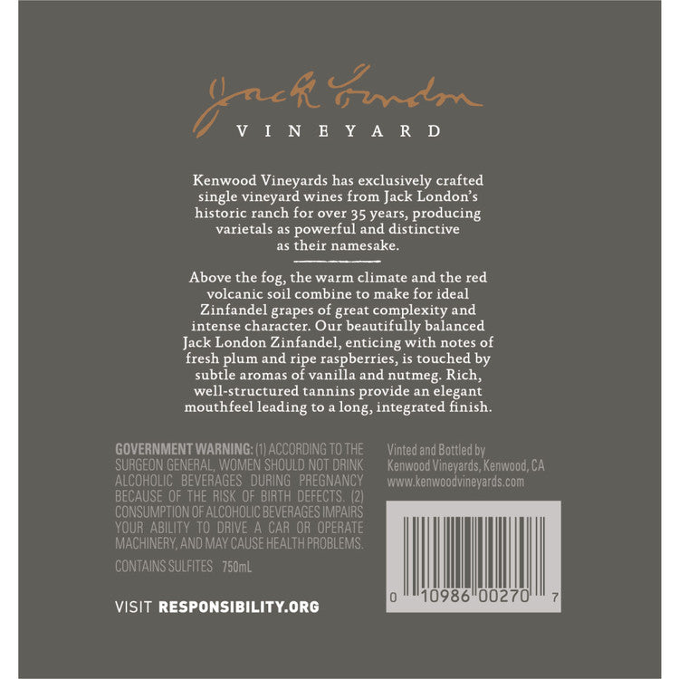 Kenwood Zinfandel Jack London Vineyard Sonoma Mountain - 750ML