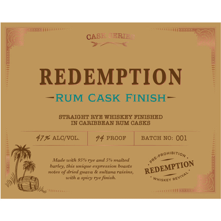 Redemption Straight Rye Whiskey Rum Cask Finish Batch No 1 94 - 750ML