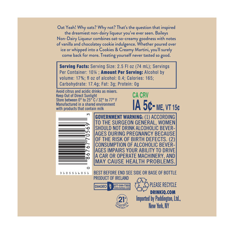 Baileys Cream Liqueur Cookie & Cream Non-Dairy Made With Oat Milk 34 - 750ML