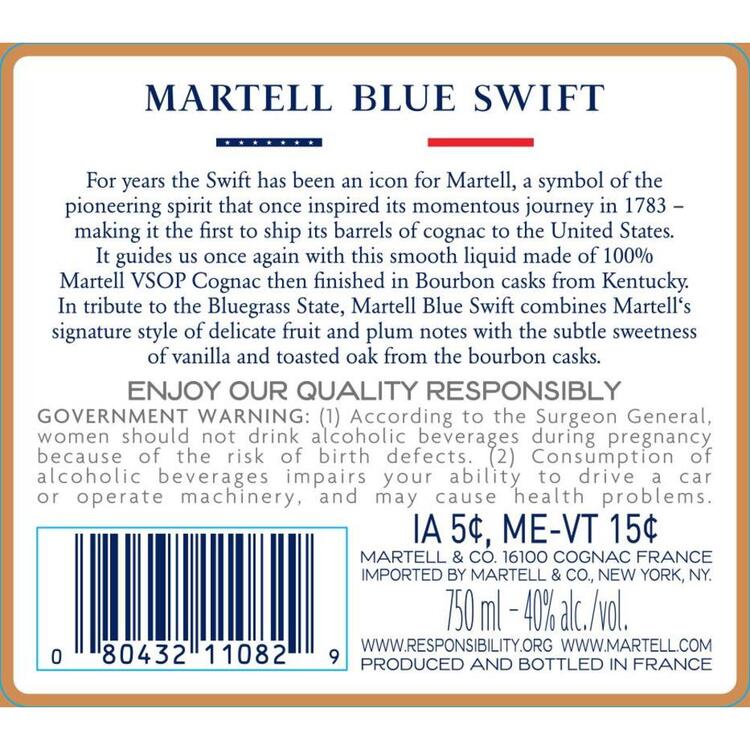 Martell Cognac Vsop Finished In Bourbon Casks Blue Swift 80 - 750ML