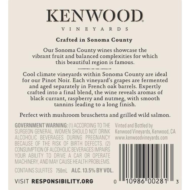 Kenwood Pinot Noir California - 750ML - Back Label