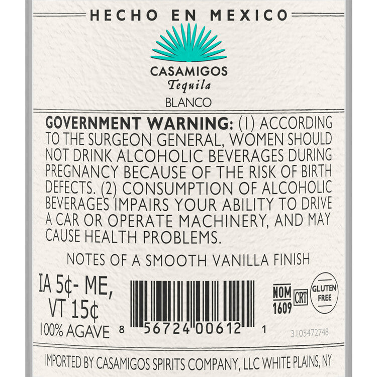 Casamigos Tequila Blanco 80 - 375ML - Back Label