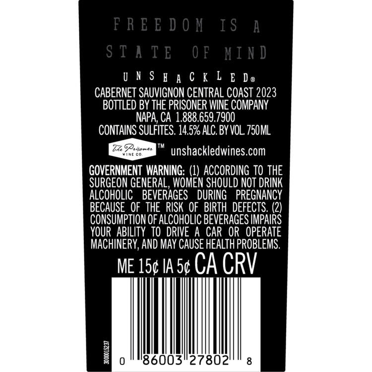 Unshackled Cabernet Sauvignon Central Coast 2023 - 750ML - Back Label