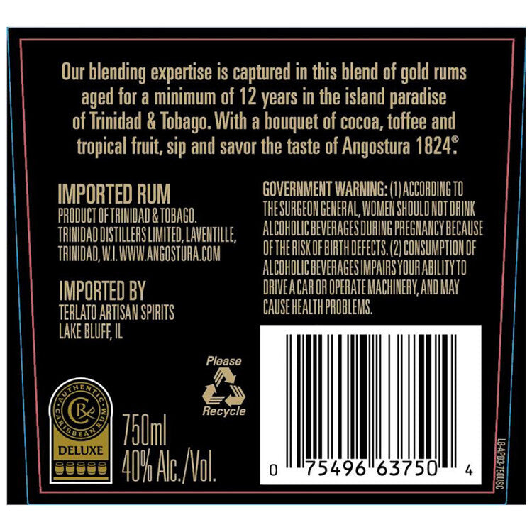 Angostura Aged Rum 1824 12 Yr 80 - 750ML - Back Label