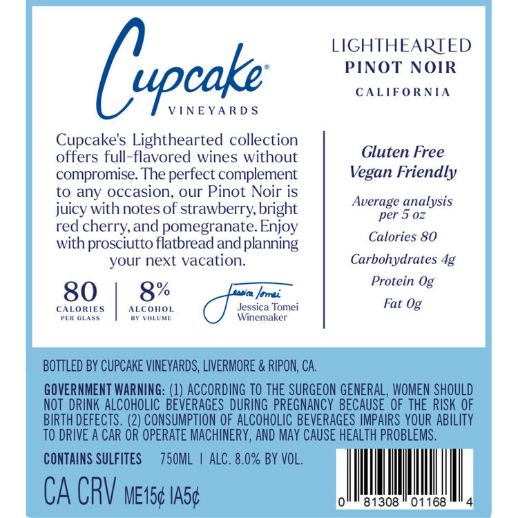 Cupcake Pinot Noir Lighthearted California - 750ML - Back Label