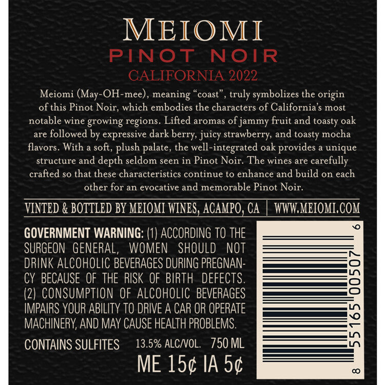 Meiomi Pinot Noir California - 750ML - Back Label