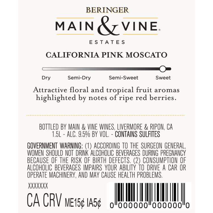 Beringer Main & Vine Pink Moscato California - 1.5L - Back Label