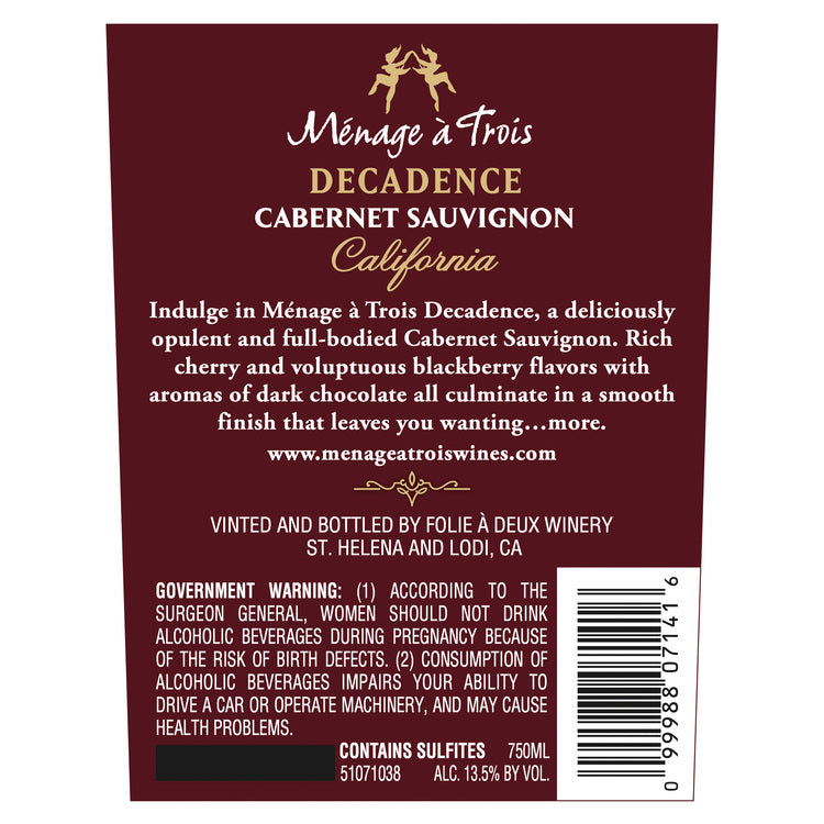 Menage A Trois Cabernet Sauvignon Decadence California - 750ML - Back Label