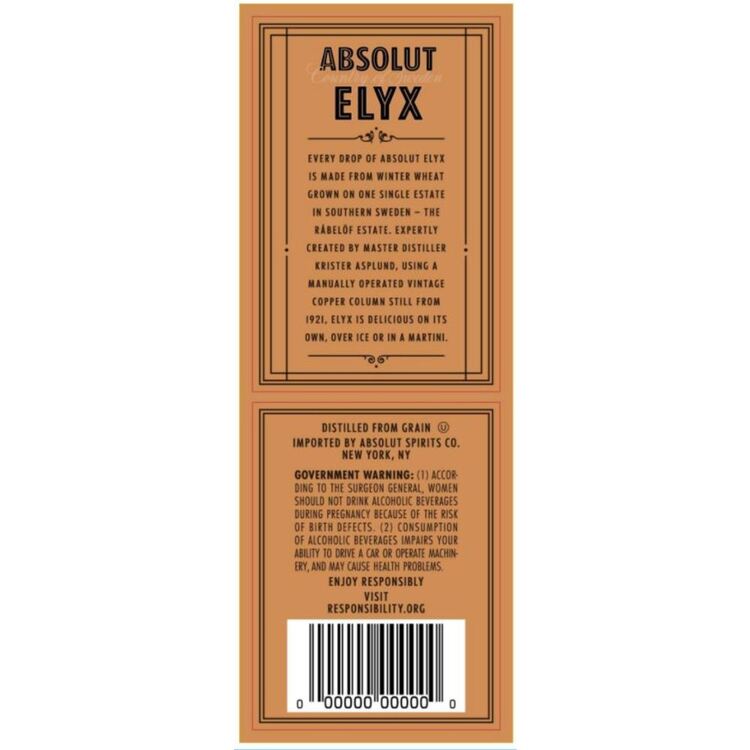 Absolut Vodka Elyx 84.6 - 1.75L - Back Label