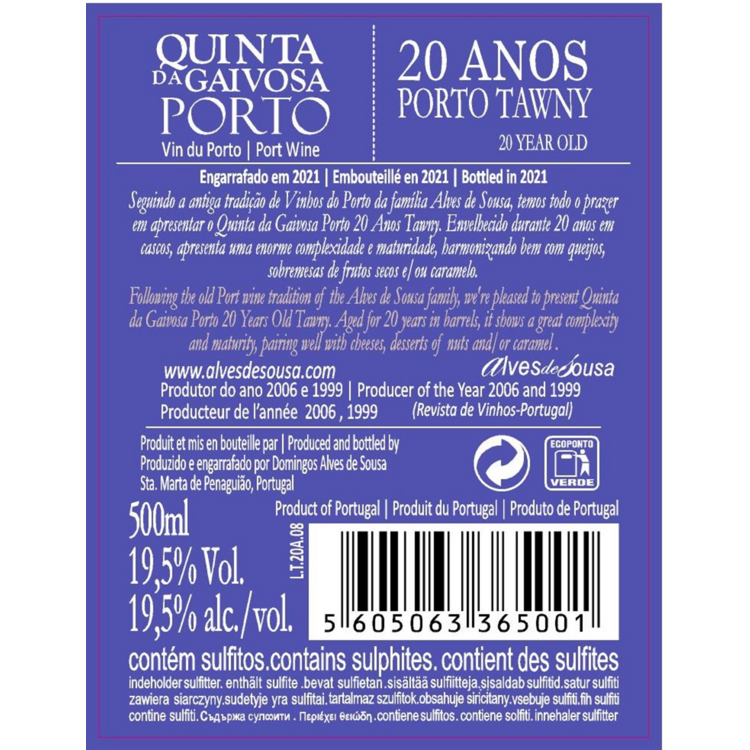 Quinta Da Gaivosa Porto 20 Yr - 500ML - Back Label