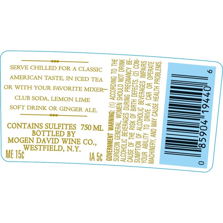 Mogen David Blackberry Flavored Wine - 750ML - Back Label