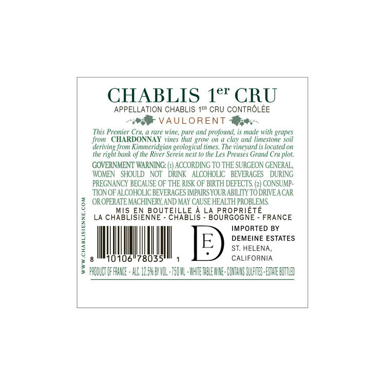 La Chablisienne Chablis Vaulorent Premier Cru 2021 - 750ML
