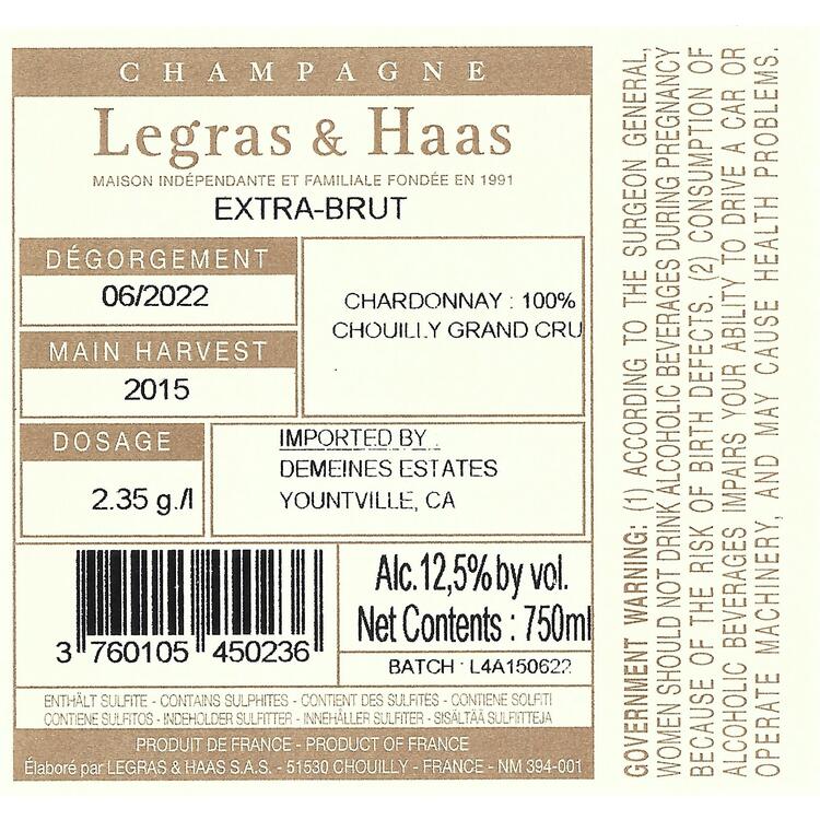 Legras & Haas Champagne Extra Brut Chouilly Blanc De Blancs Grand Cru - 750ML
