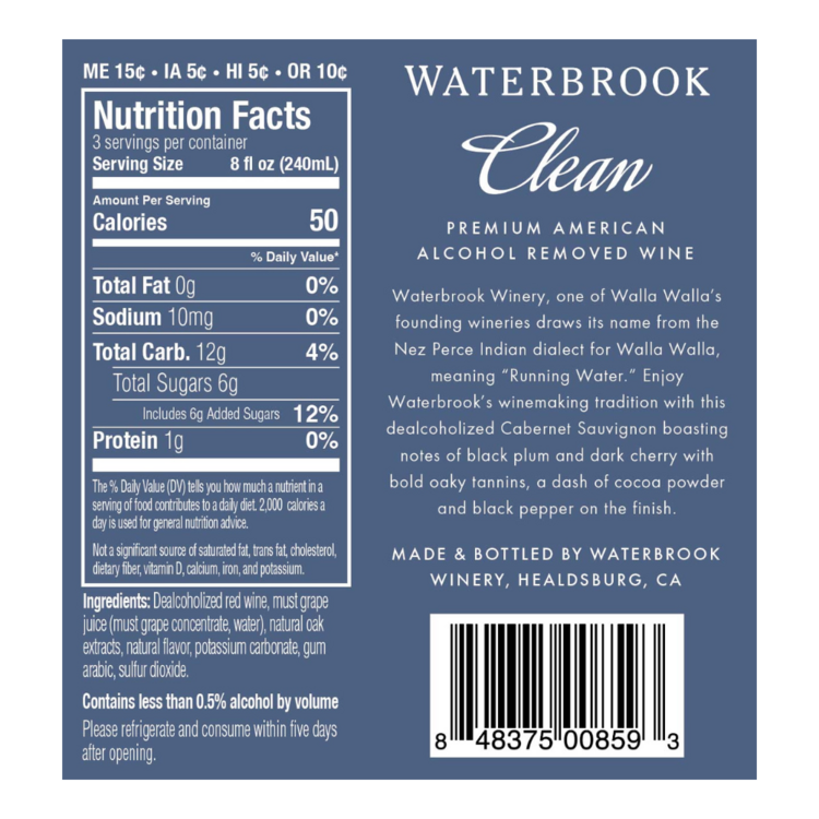 Waterbrook Cabernet Sauvignon Clean Alcohol Removed Wine - 750ML - Back Label