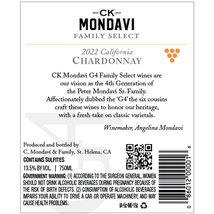 Ck Mondavi Chardonnay G4 Oak Aged Family Select California - 750ML - Back Label