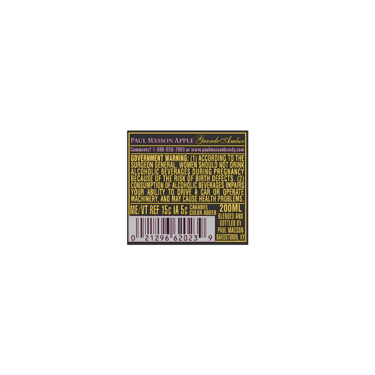 Paul Masson Apple Flavored Brandy Grande Amber 54 - 200ML - Back Label