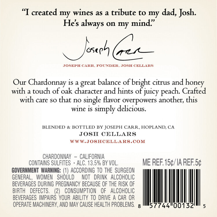 Josh Cellars Chardonnay California - 750ML - Back Label