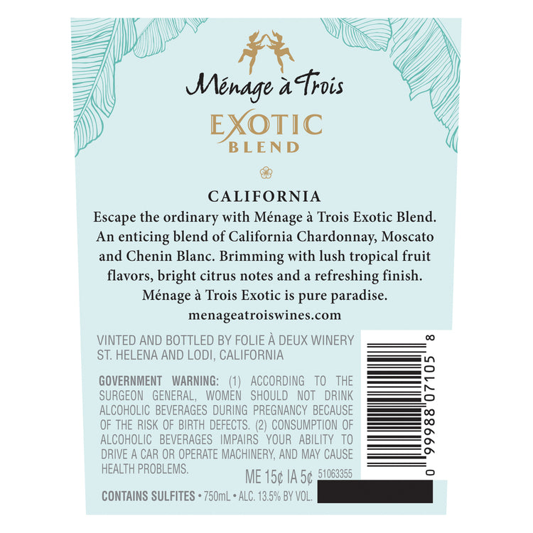 Menage A Trois White Wine Exotic Blend California - 750ML - Back Label