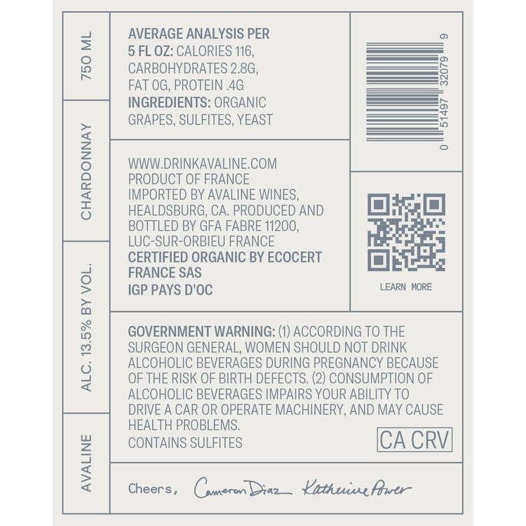 Avaline Chardonnay Pays D'Oc Made With Organic Grapes - 750ML