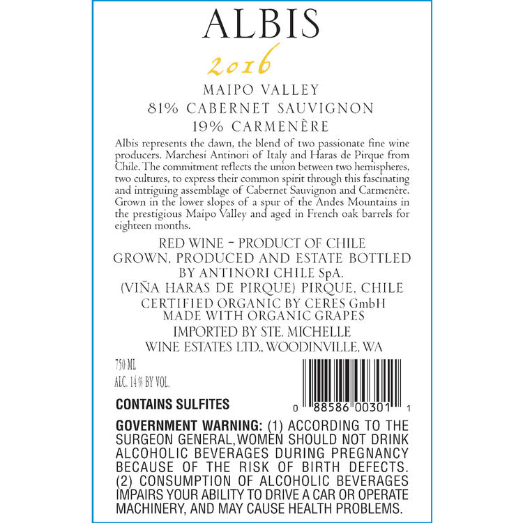 HARAS DE PIRQUE Haras De Pirque Cabernet Sauvignon/Carmenere Albis Maipo Valley 2016 - Back Label